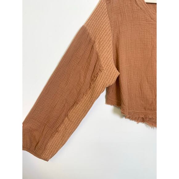 Promesa Brown Cropped Top M Boho Frayed Hem Waffle Oversize Casual Festival Fall - Picture 3 of 10